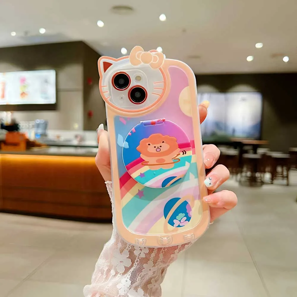 Cartoon Cat Printed TPU Camera Protection Cover with Mirror Stand - iPhone 11