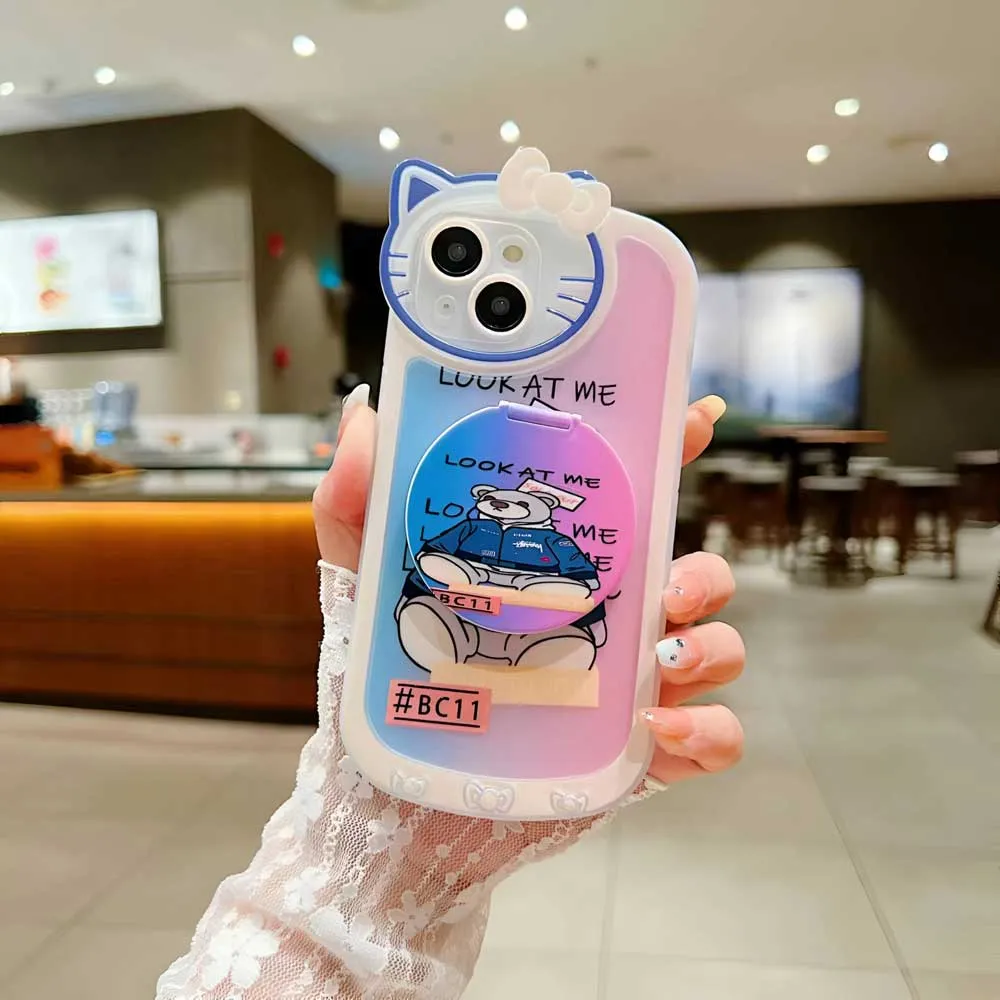 Cartoon Cat Printed TPU Camera Protection Cover with Mirror Stand - iPhone 11