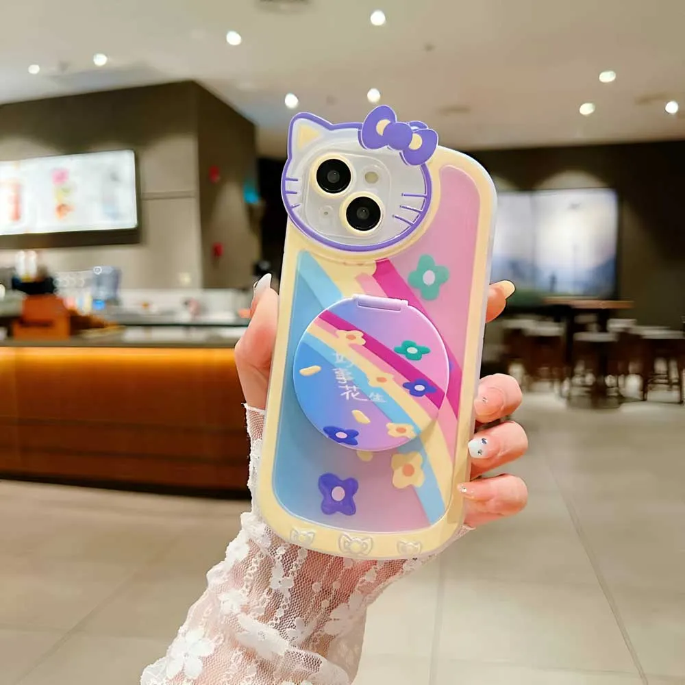 Cartoon Cat Printed TPU Camera Protection Cover with Mirror Stand - iPhone 11