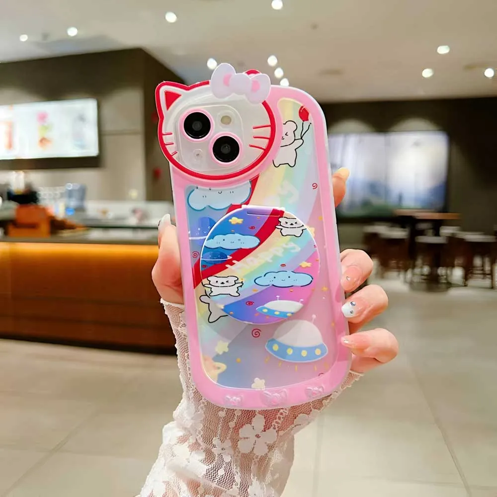 Cartoon Cat Printed TPU Camera Protection Cover with Mirror Stand - iPhone 11