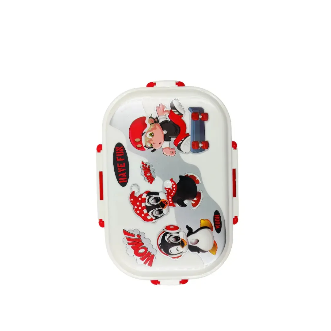 Cartoon Printed Colorful Lunch Box for School Kids (White-Red)