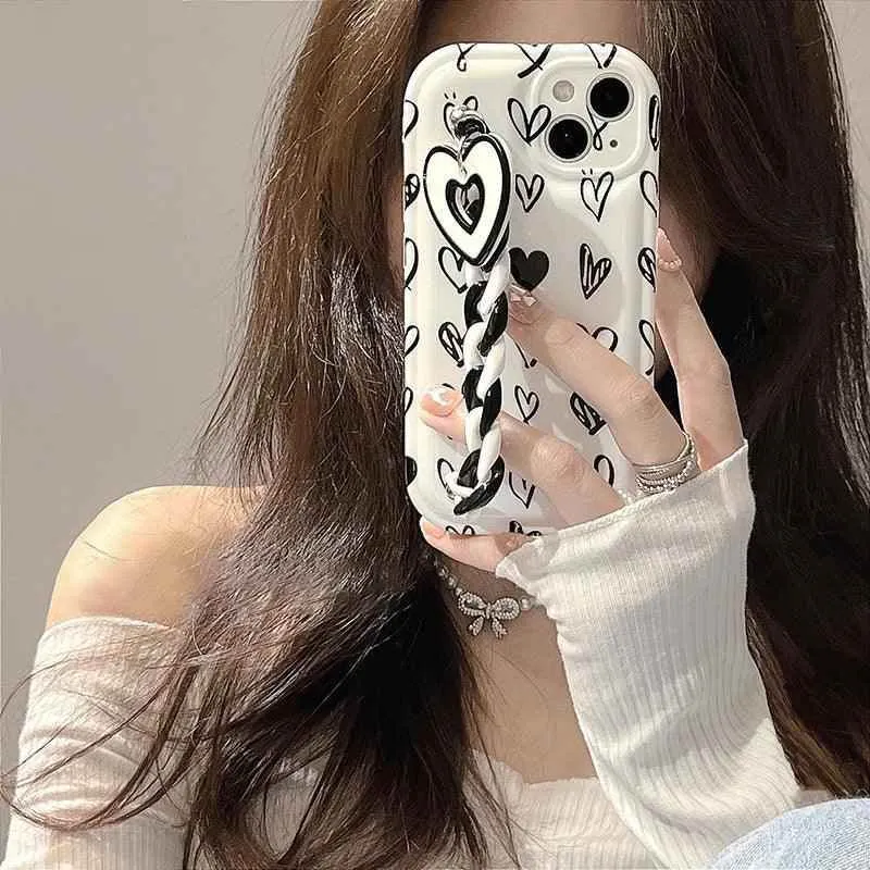 CCPC303 Cute Phone Case for iPhone 14, 13, 12 Pro Max, 11 XR, X, XS, 7, and 8 plus - Graffiti Simple Hearts Pattern with  Bracelet