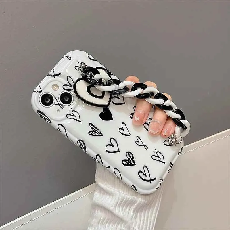 CCPC303 Cute Phone Case for iPhone 14, 13, 12 Pro Max, 11 XR, X, XS, 7, and 8 plus - Graffiti Simple Hearts Pattern with  Bracelet