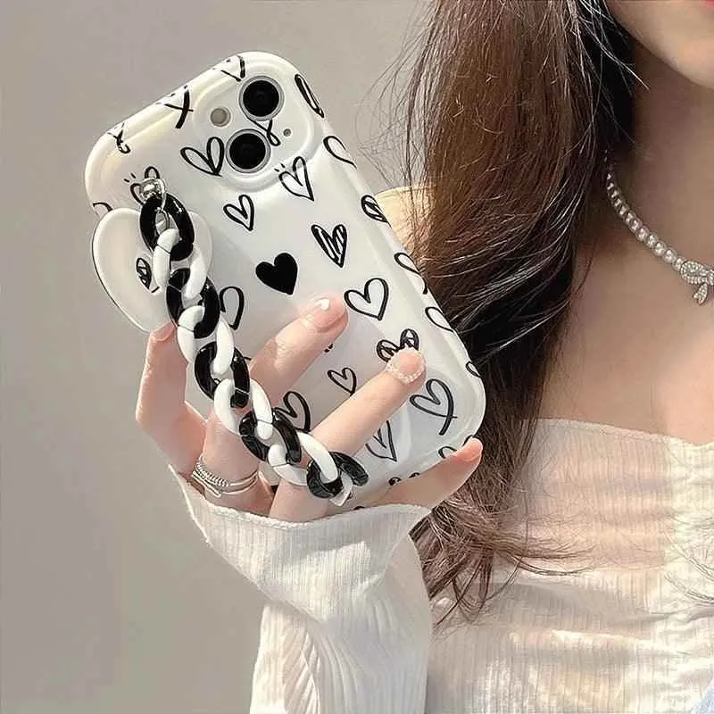 CCPC303 Cute Phone Case for iPhone 14, 13, 12 Pro Max, 11 XR, X, XS, 7, and 8 plus - Graffiti Simple Hearts Pattern with  Bracelet