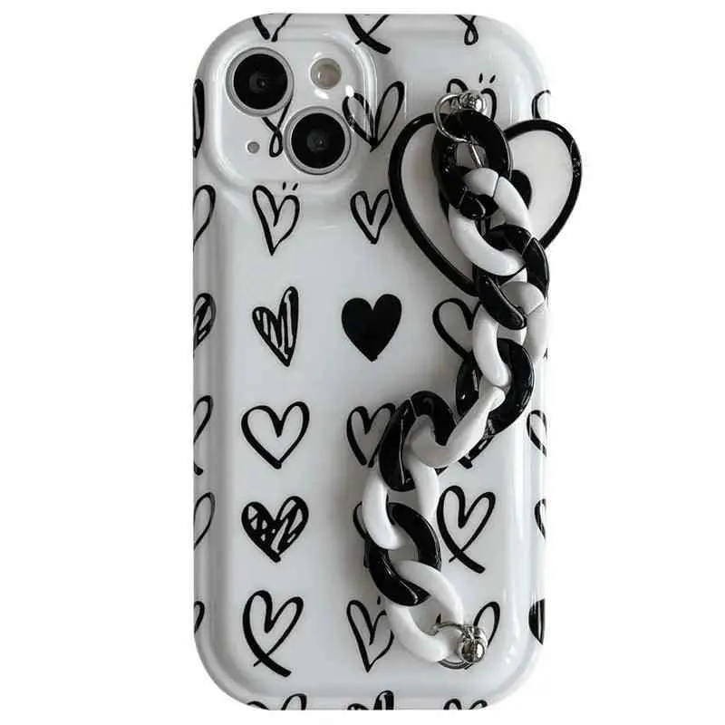 CCPC303 Cute Phone Case for iPhone 14, 13, 12 Pro Max, 11 XR, X, XS, 7, and 8 plus - Graffiti Simple Hearts Pattern with  Bracelet