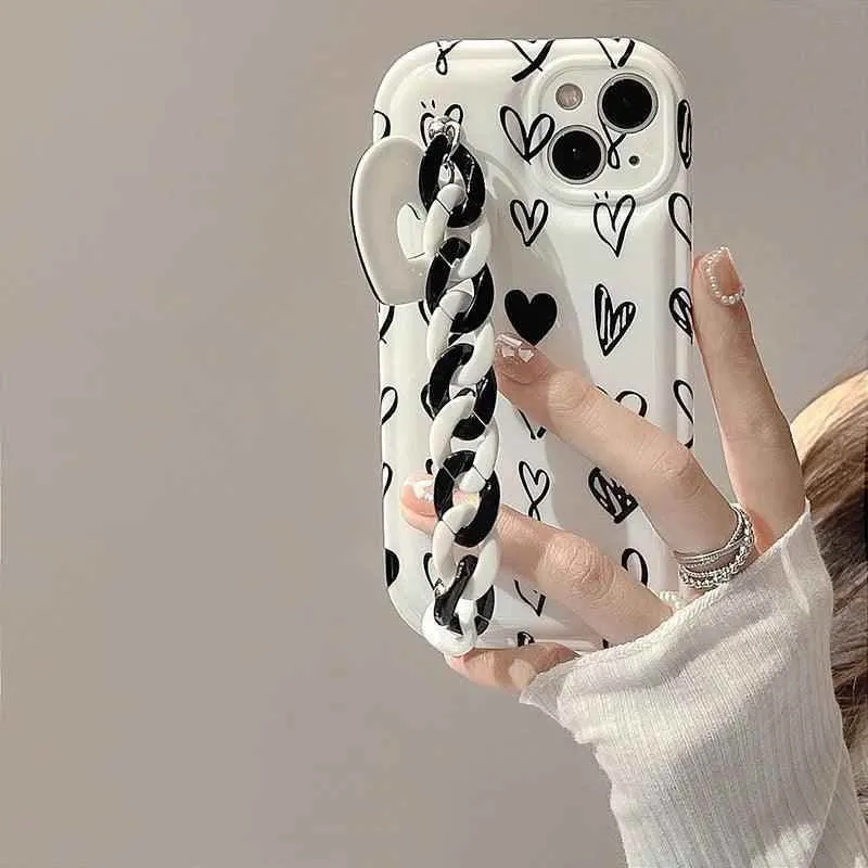 CCPC303 Cute Phone Case for iPhone 14, 13, 12 Pro Max, 11 XR, X, XS, 7, and 8 plus - Graffiti Simple Hearts Pattern with  Bracelet