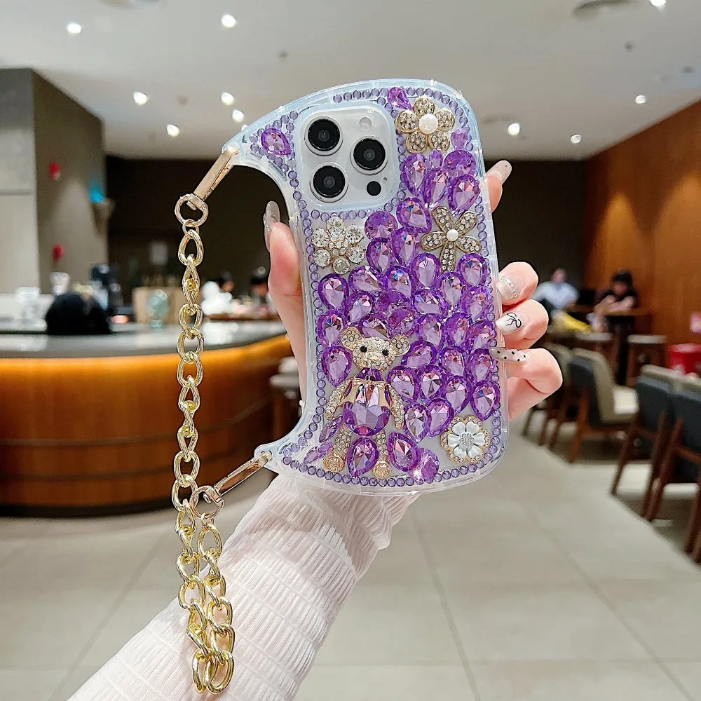 Colorful Diamond Phone Case With Metal Chain Strap - iPhone 15 Pro Max