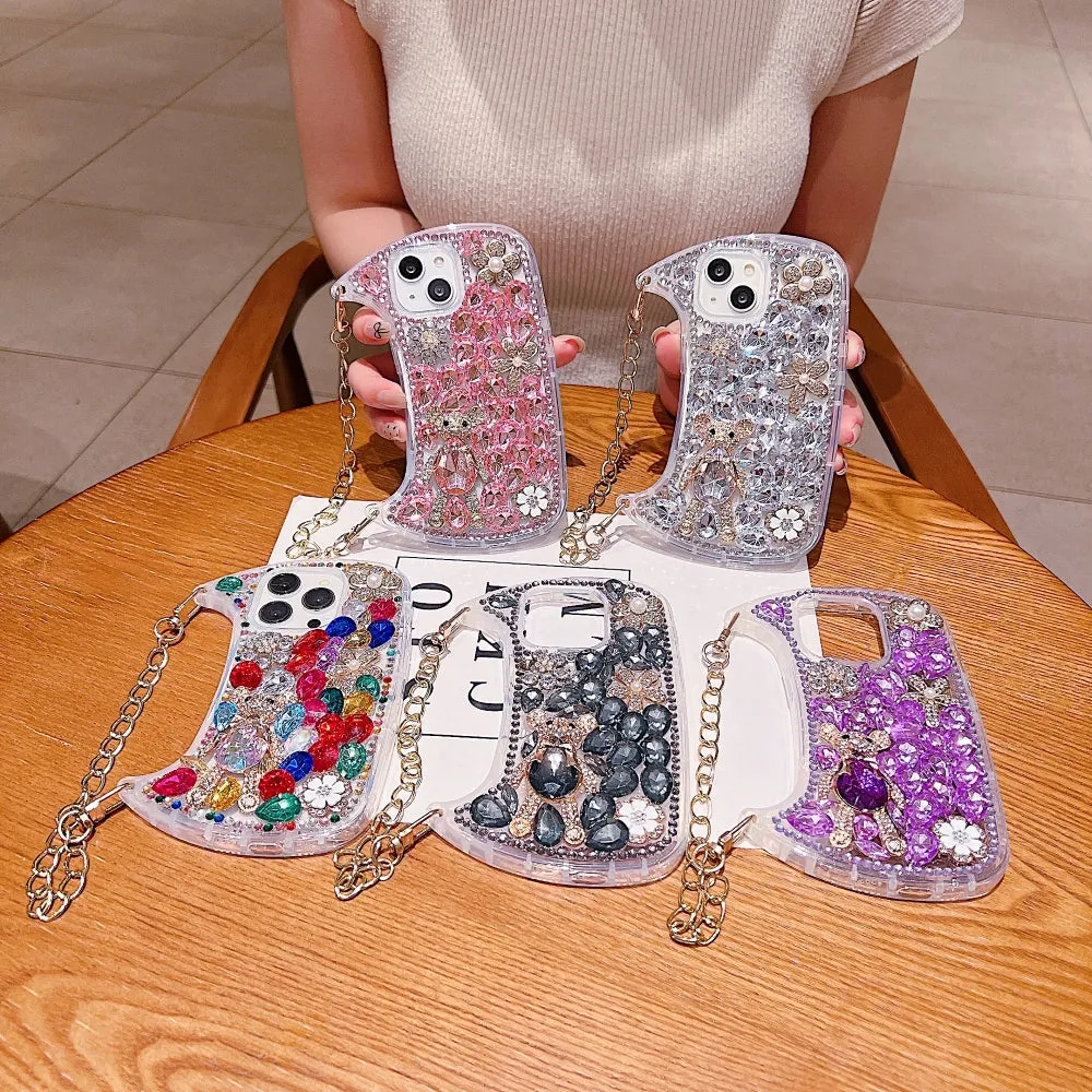 Colorful Diamond Phone Case With Metal Chain Strap - iPhone 15 Pro Max