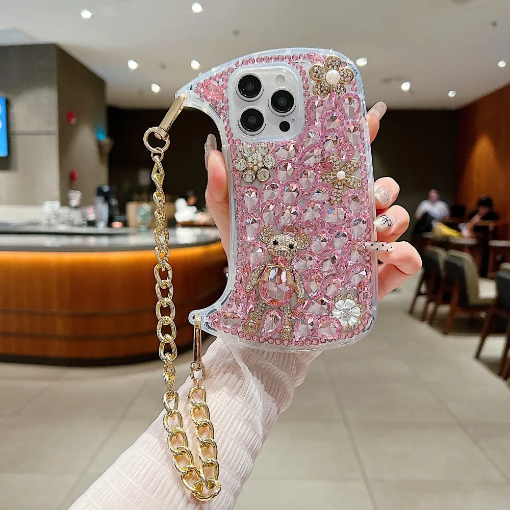 Colorful Diamond Phone Case With Metal Chain Strap - iPhone 15 Pro Max