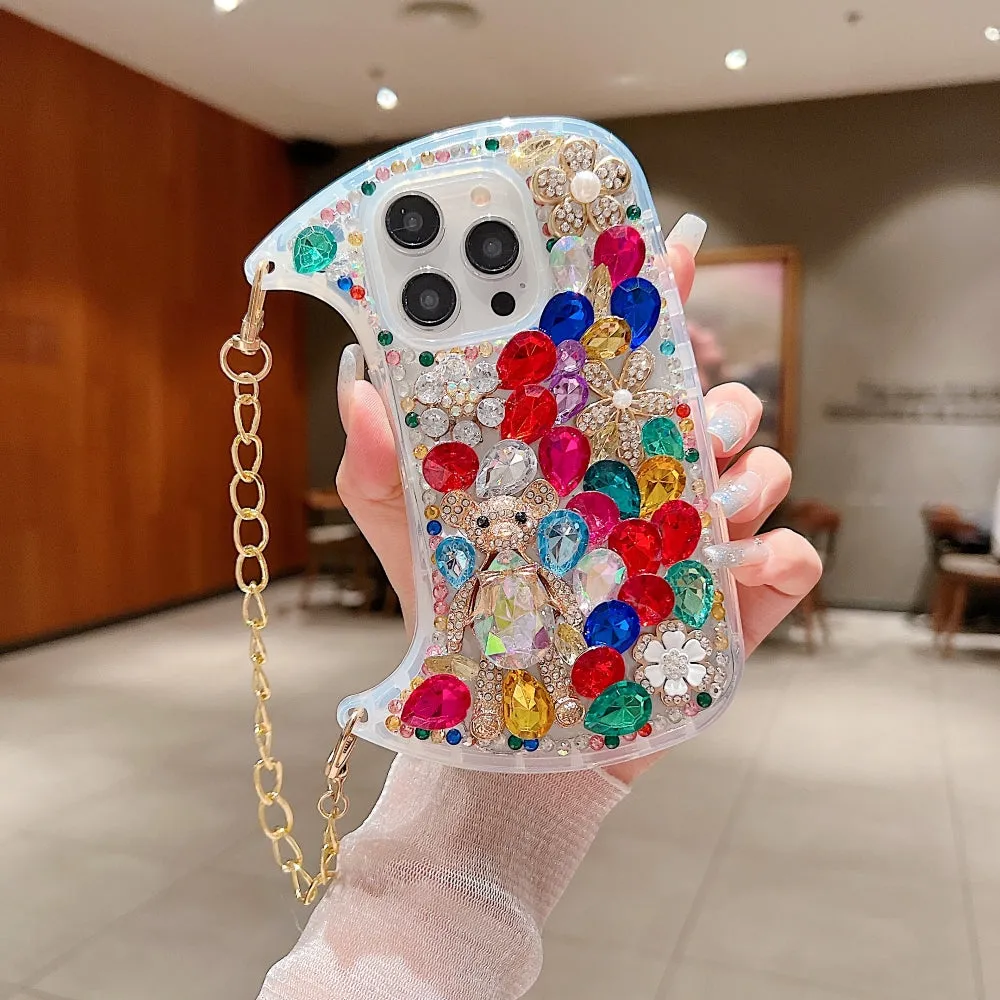 Colorful Diamond Phone Case With Metal Chain Strap - iPhone 15 Pro Max