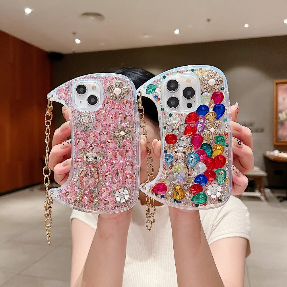 Colorful Diamond Phone Case With Metal Chain Strap - iPhone 15 Pro Max