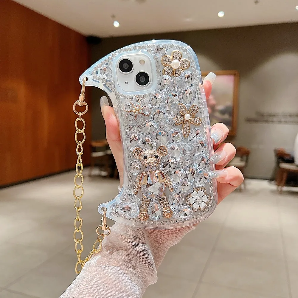 Colorful Diamond Phone Case With Metal Chain Strap - iPhone 15 Pro Max