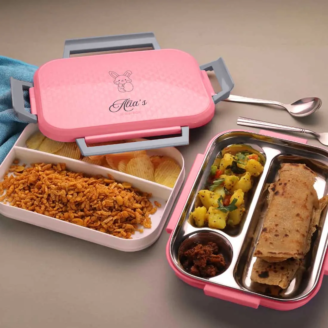 Customized Lunch Box - Pink Stainless Steel Tiffin Box