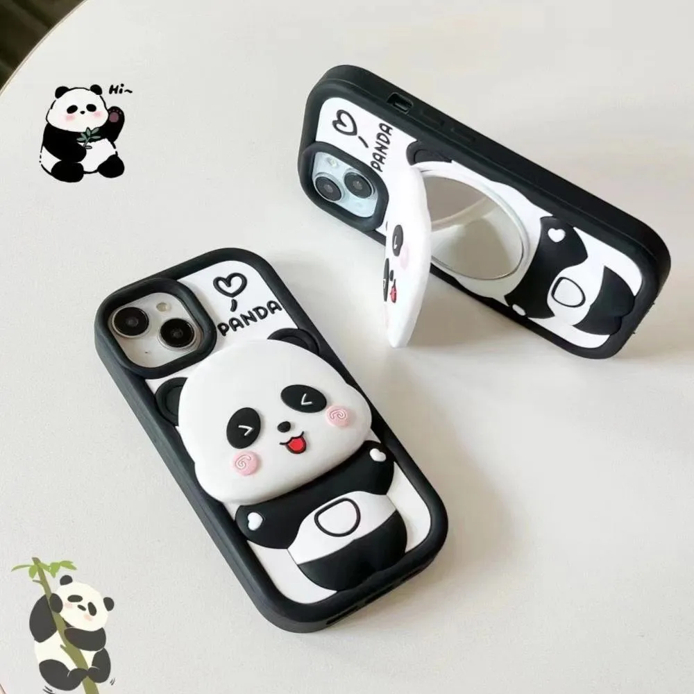 Cute Panda With Mirror Stand Silicon Phone Case For iPhone 14 Plus