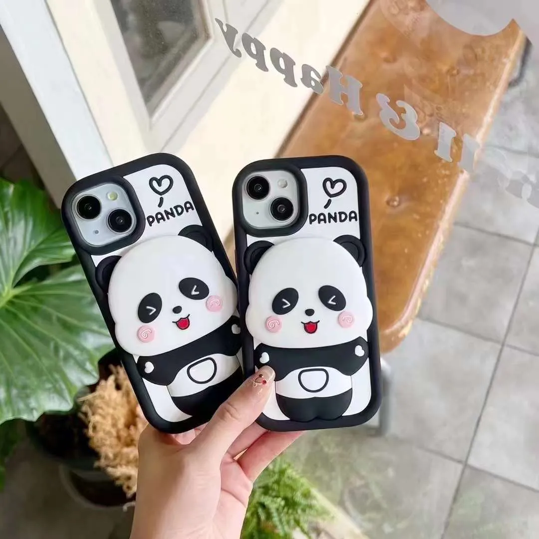 Cute Panda With Mirror Stand Silicon Phone Case For iPhone 14 Plus