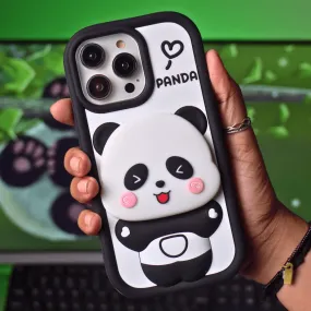 Cute Panda With Mirror Stand Silicon Phone Case For iPhone 14 Plus