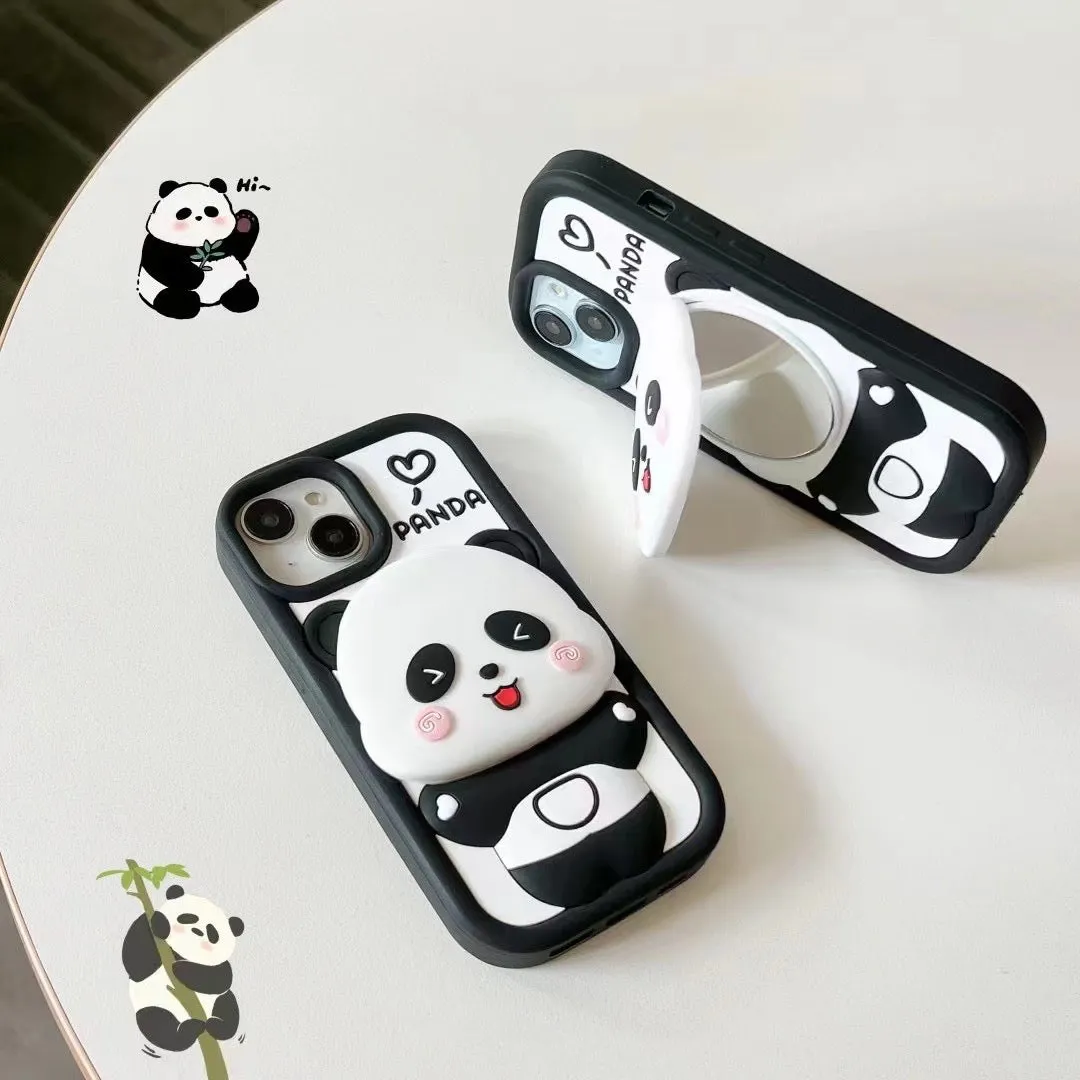 Cute Panda With Mirror Stand Silicon Phone Case For iPhone 14 Plus