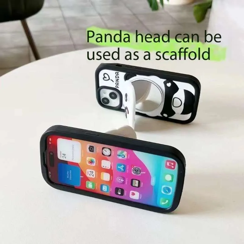 Cute Panda With Mirror Stand Silicon Phone Case For iPhone 14 Plus