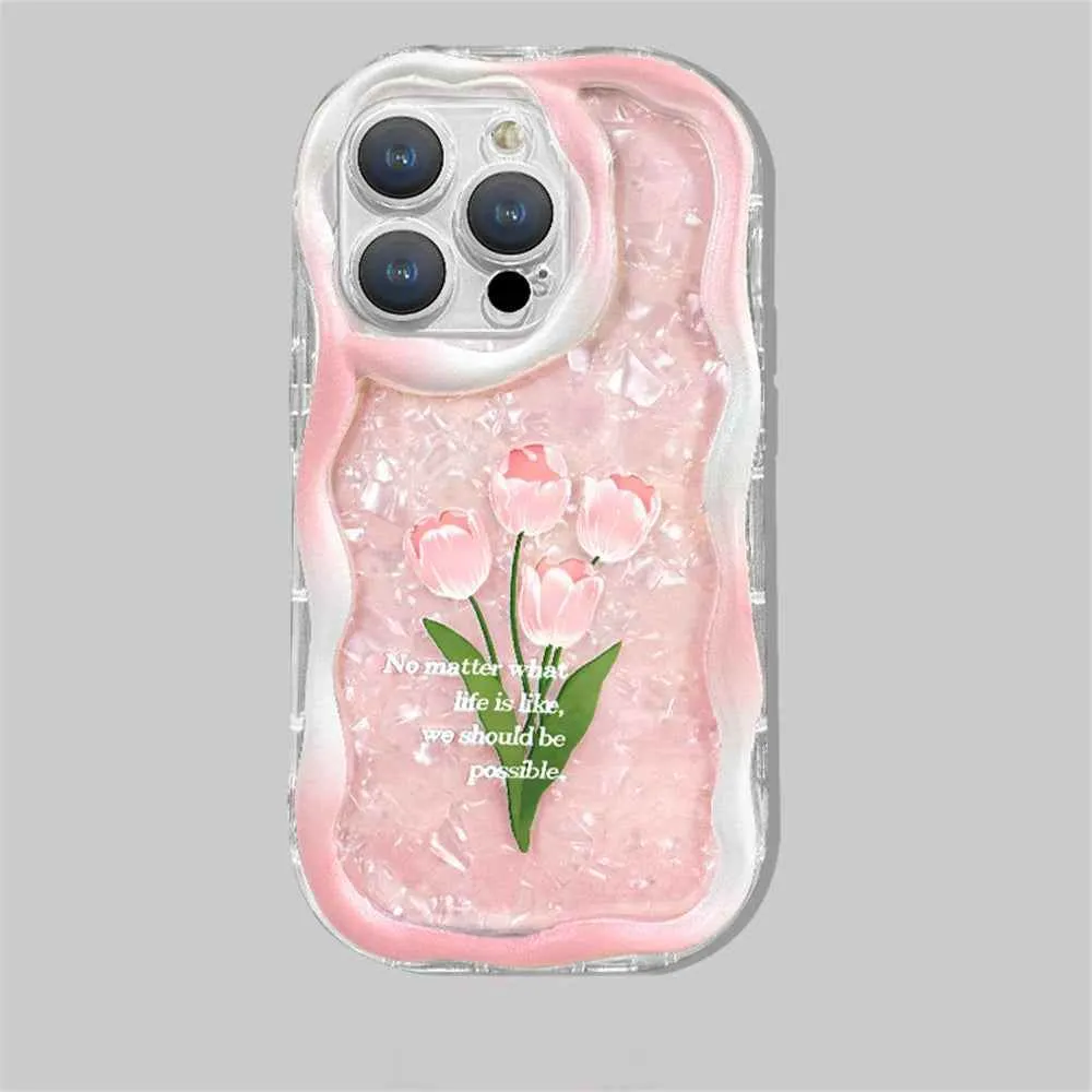 Cute Phone Cases For iPhone 11, 12, 13, 14, or Pro Max - Pink Tulip Shell Pattern, Flower Chain Lanyard - TSP432