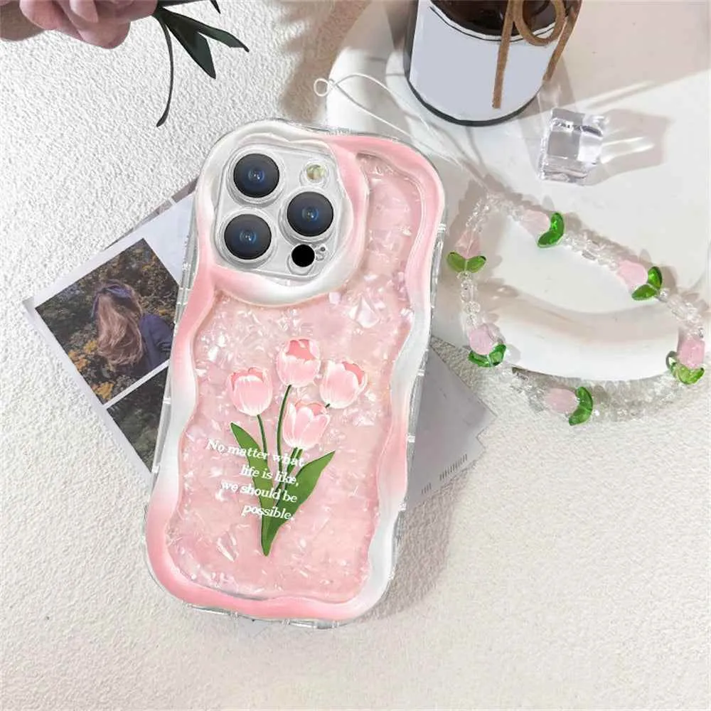 Cute Phone Cases For iPhone 11, 12, 13, 14, or Pro Max - Pink Tulip Shell Pattern, Flower Chain Lanyard - TSP432