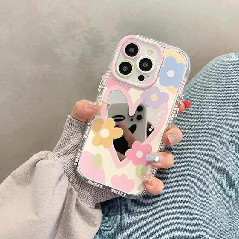 Cute Phone Cases for iPhone 14, 13, 12, 11, and 15 Pro Max - Sweet Flowers - Heart Mirror Cover - TSP55