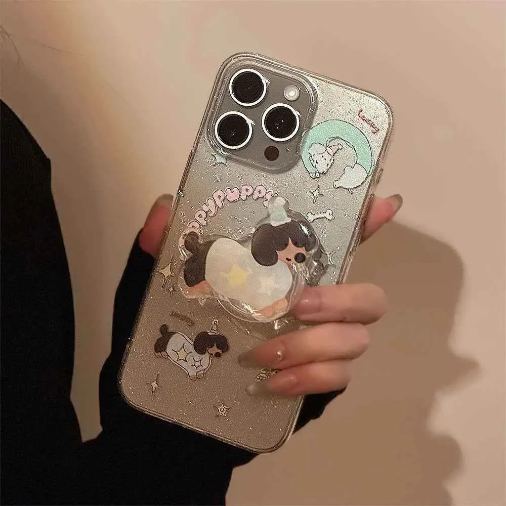 Cute Phone Cases for iPhone 15, 14, 13, 12 Pro Max, and more - Transparent Glitter 3D Puppy Stand Holder - TSP344