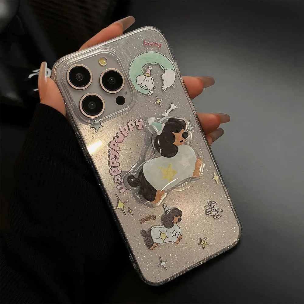 Cute Phone Cases for iPhone 15, 14, 13, 12 Pro Max, and more - Transparent Glitter 3D Puppy Stand Holder - TSP344