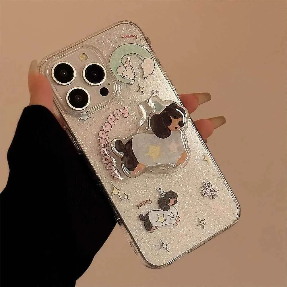 Cute Phone Cases for iPhone 15, 14, 13, 12 Pro Max, and more - Transparent Glitter 3D Puppy Stand Holder - TSP344