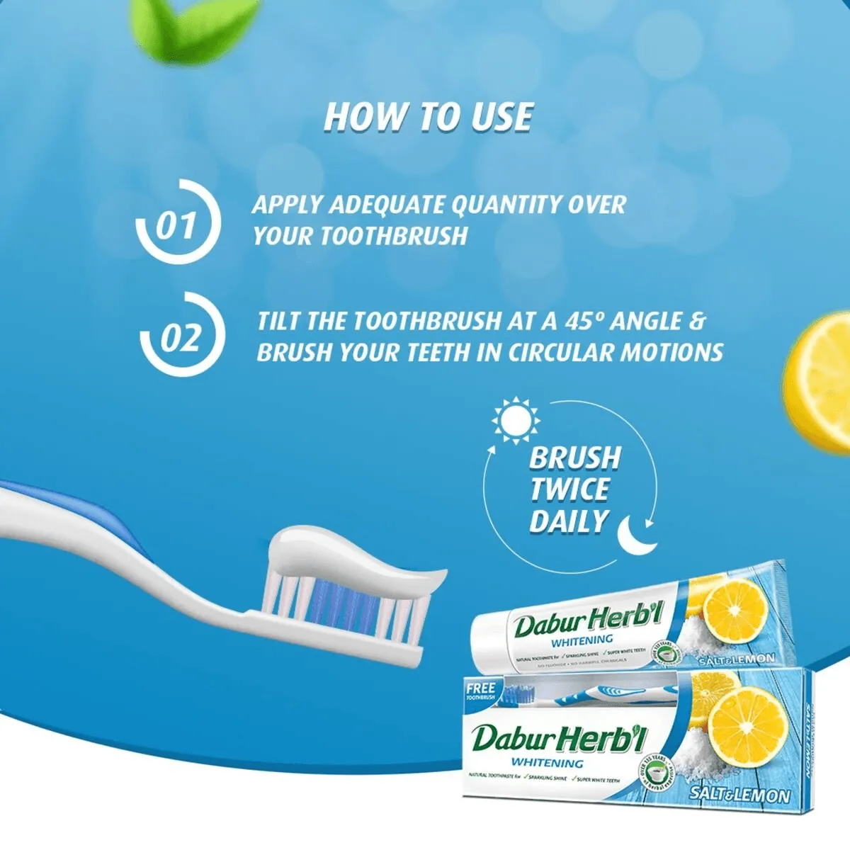 Dabur Herbal Whitening Salt & Lemon Toothpaste With Tooth Brush Free - 150g