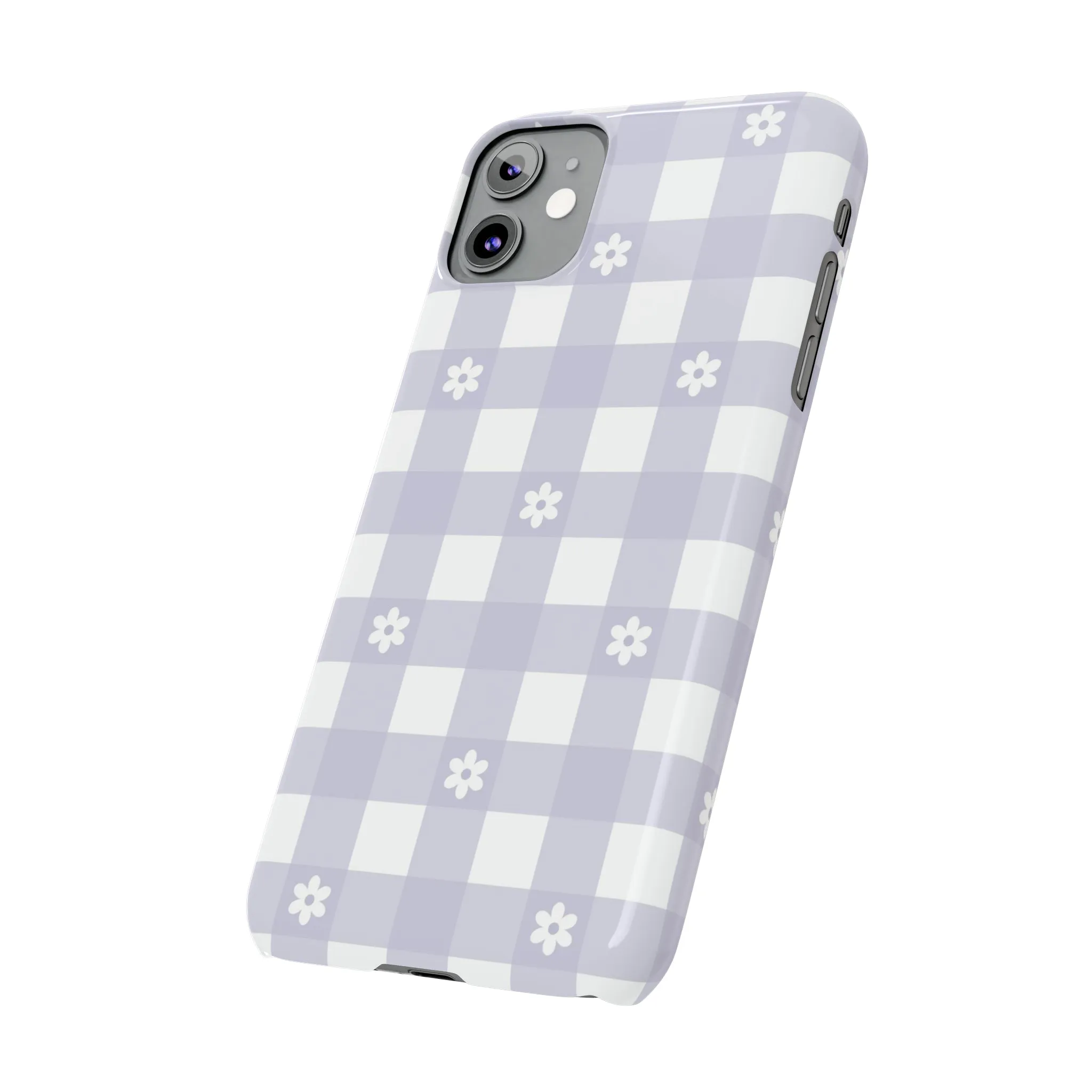 Daisies and Purple Gingham Design Sleek Elegance Wireless-Charging Compatible Phone Case Slim Phone Case compatible with over 20 iphone models