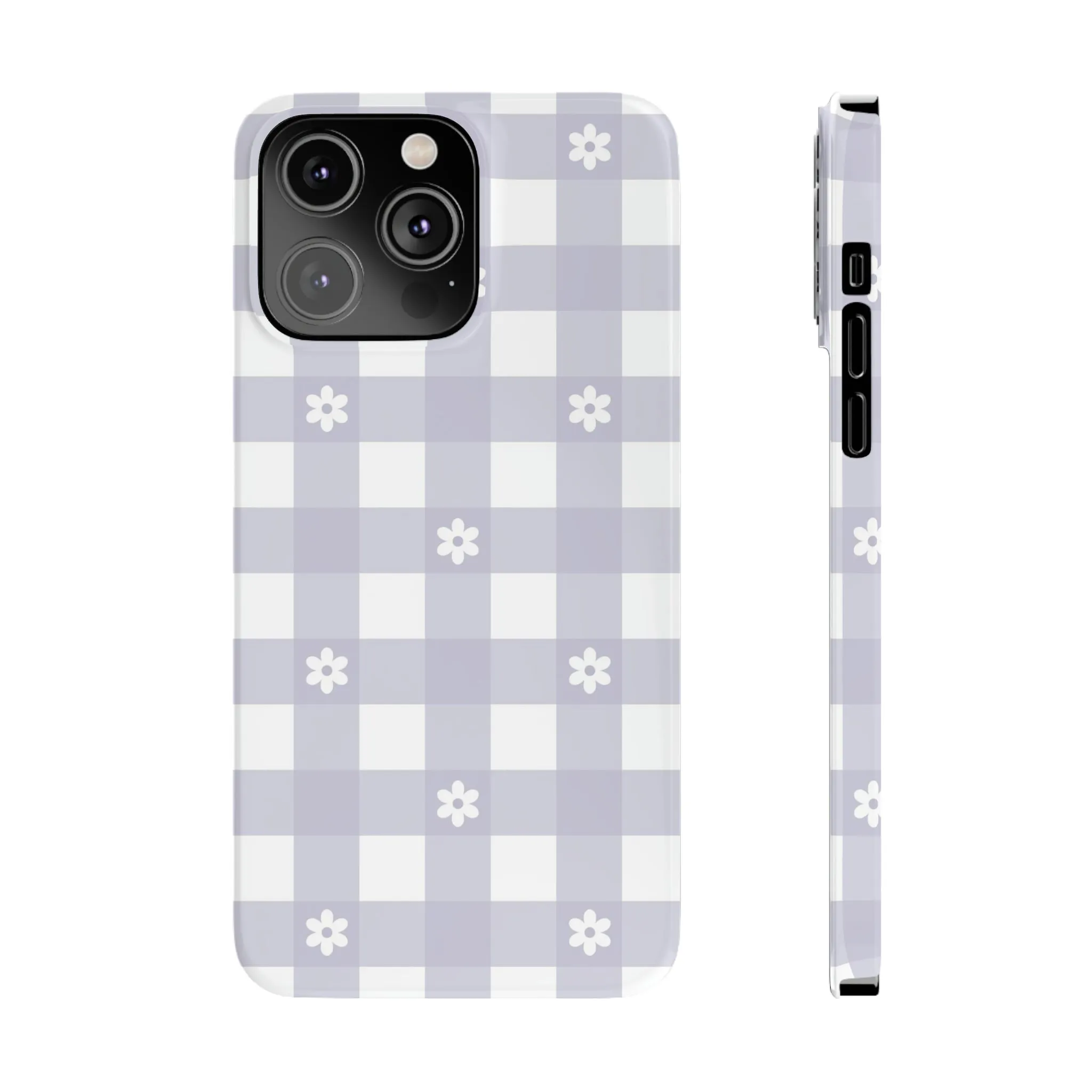 Daisies and Purple Gingham Design Sleek Elegance Wireless-Charging Compatible Phone Case Slim Phone Case compatible with over 20 iphone models