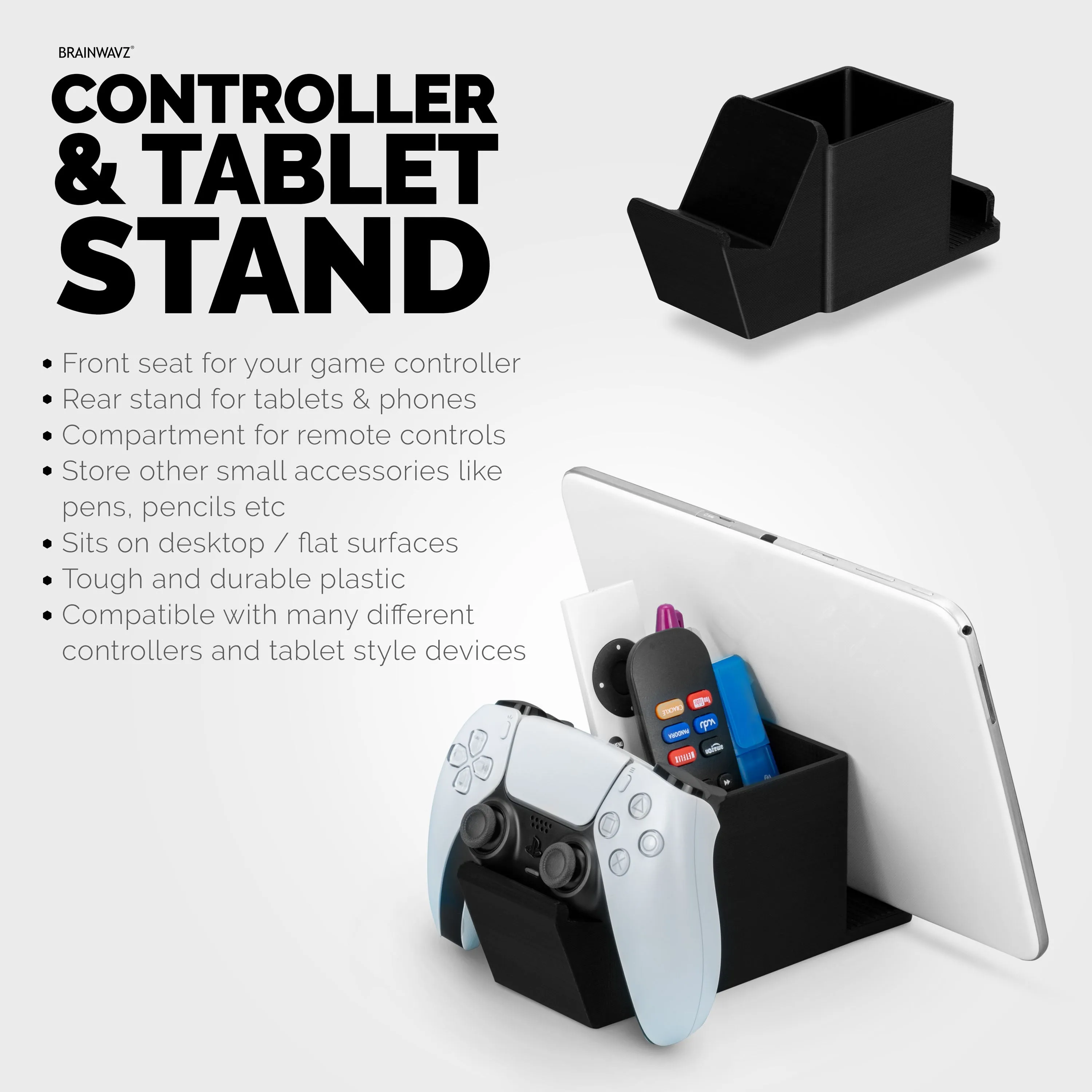 Desk Organizer with Game Controller Holder, Tablet Stand for iPads/iPhones, TV Remote & Pen Storage, Reduce Desktop Clutter, Have All Your Side Table Items in One Space