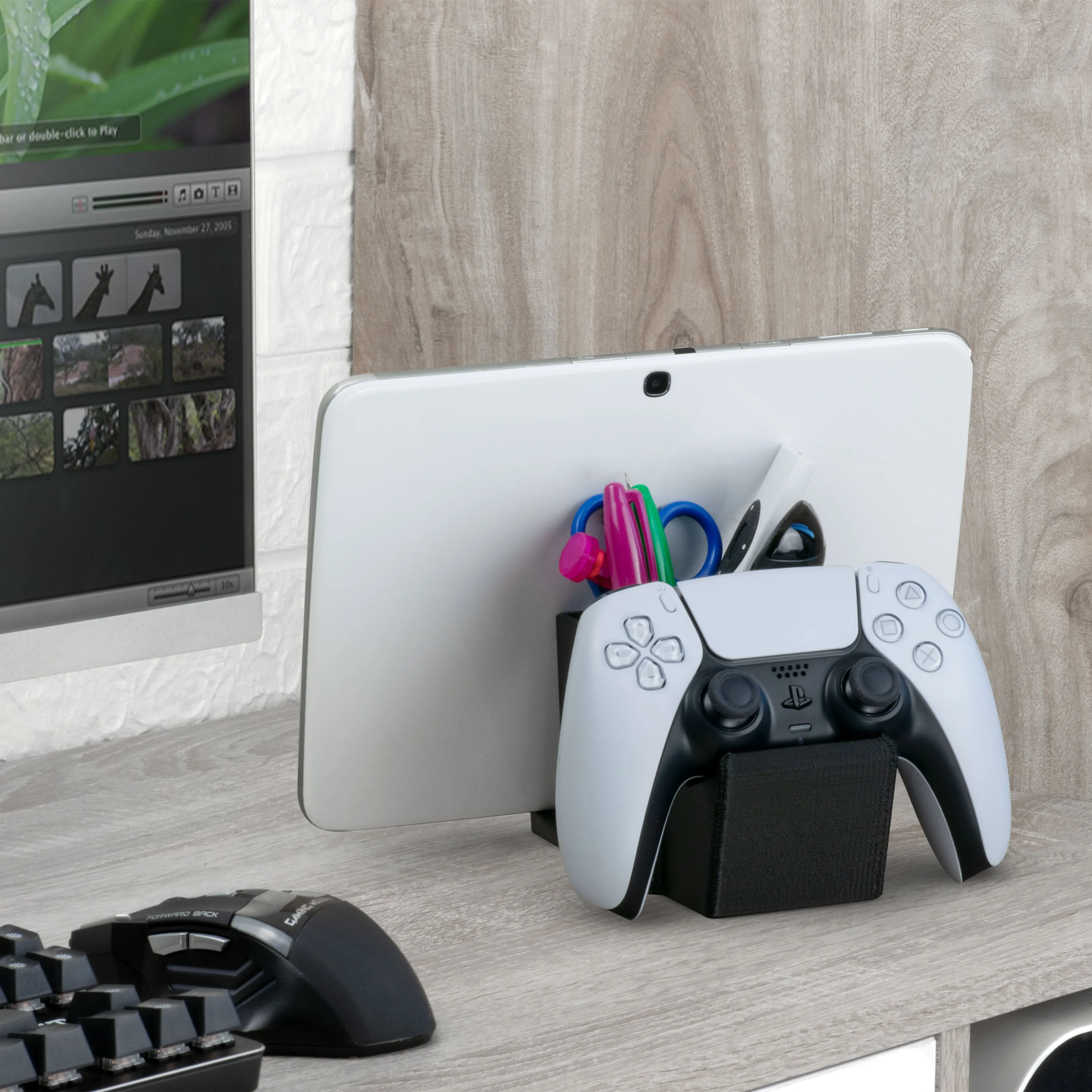 Desk Organizer with Game Controller Holder, Tablet Stand for iPads/iPhones, TV Remote & Pen Storage, Reduce Desktop Clutter, Have All Your Side Table Items in One Space