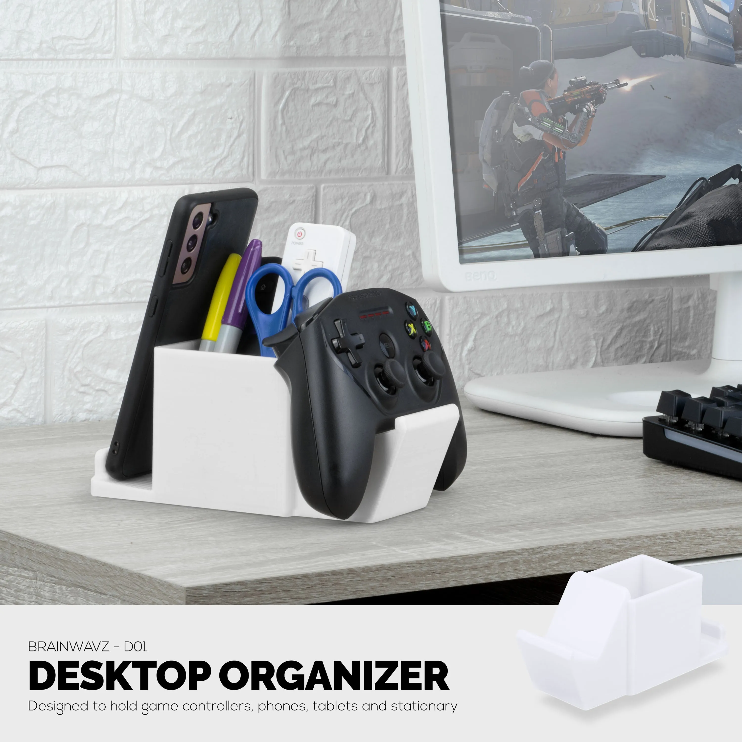 Desk Organizer with Game Controller Holder, Tablet Stand for iPads/iPhones, TV Remote & Pen Storage, Reduce Desktop Clutter, Have All Your Side Table Items in One Space