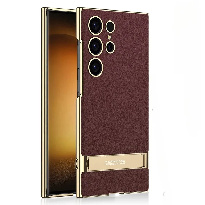 Electroplated Plain Leather Bracket Phone Case For Samsung Galaxy S24