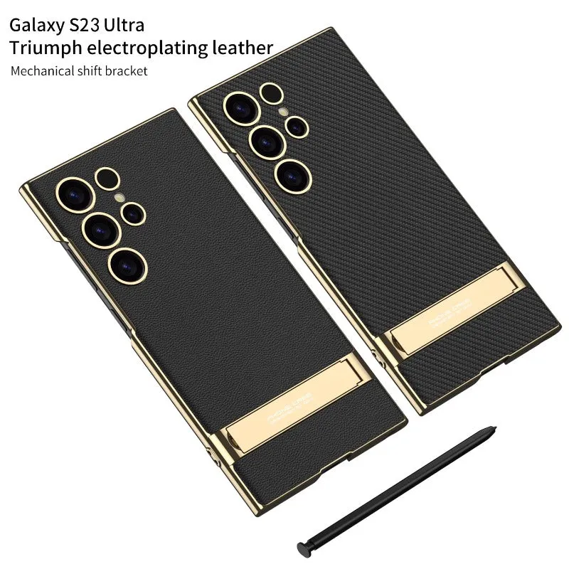 Electroplated Plain Leather Bracket Phone Case For Samsung Galaxy S24