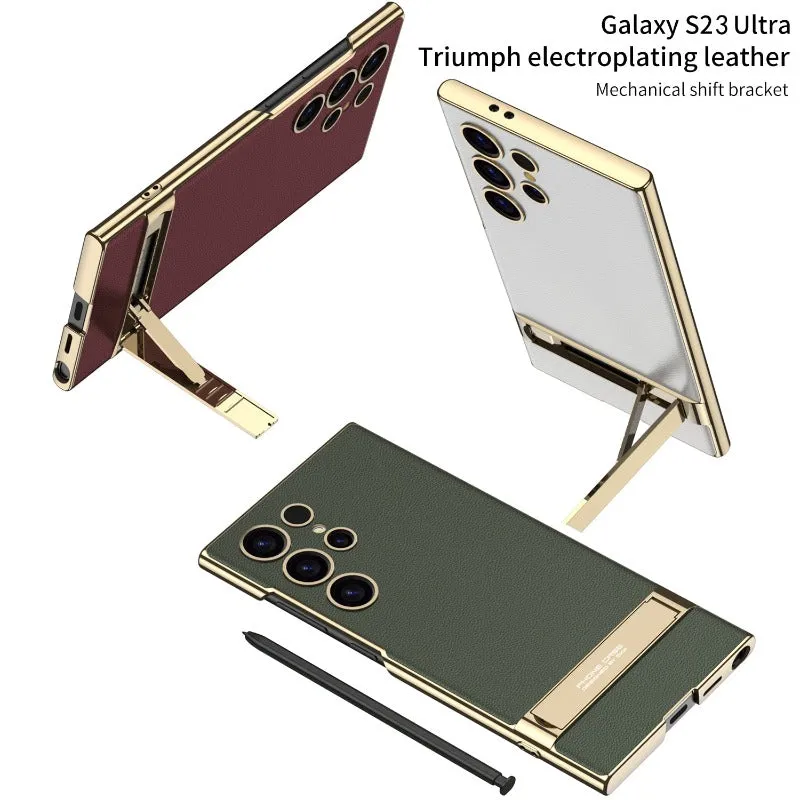 Electroplated Plain Leather Bracket Phone Case For Samsung Galaxy S24