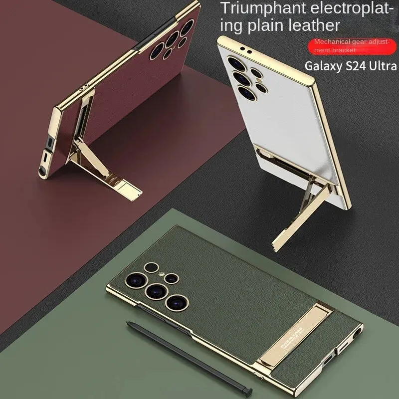 Electroplated Plain Leather Bracket Phone Case For Samsung Galaxy S24