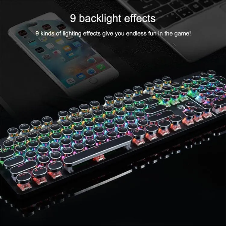 Electroplated Punk Keycap 104-Key Wired Gaming Keyboard with Colorful Backlit and Durable Aluminum Panel