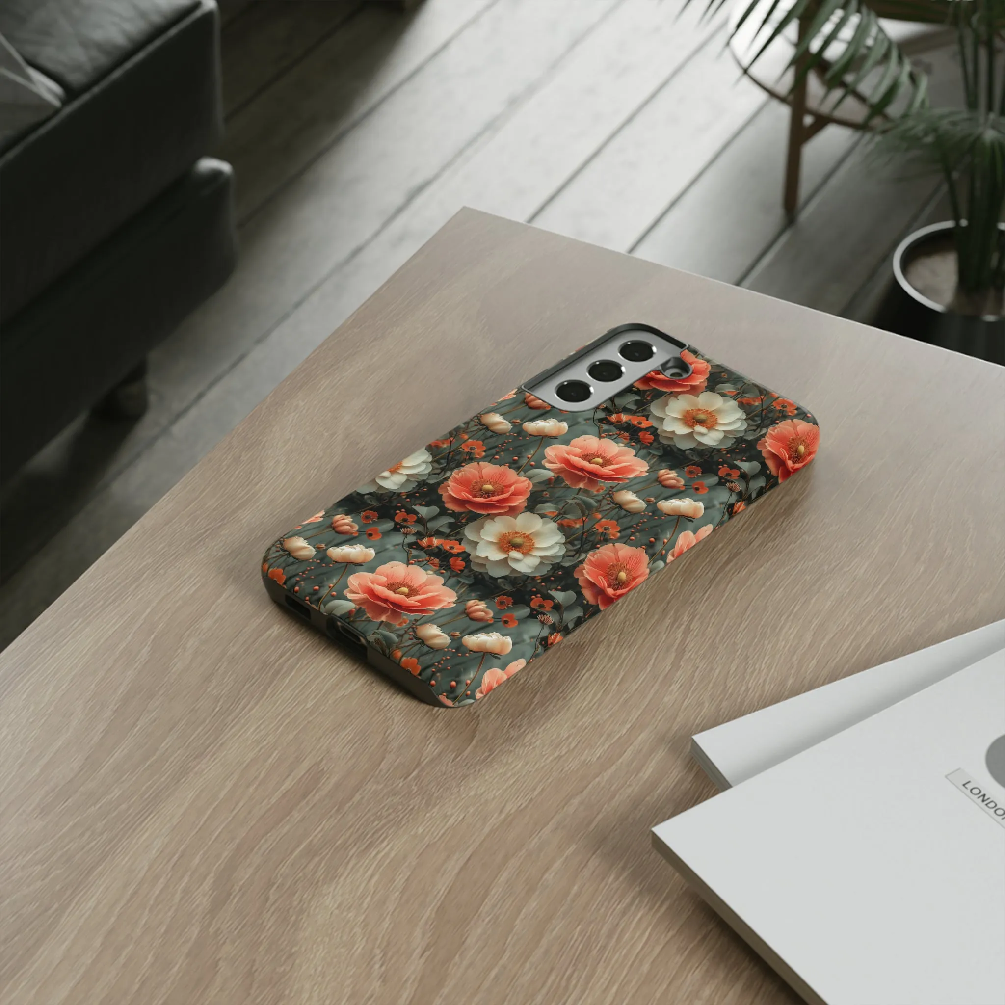 Elegant Peach Flowers Protective Cover, Botanical Garden print design Tough Phone Case compatible with a large variety of Samsung models