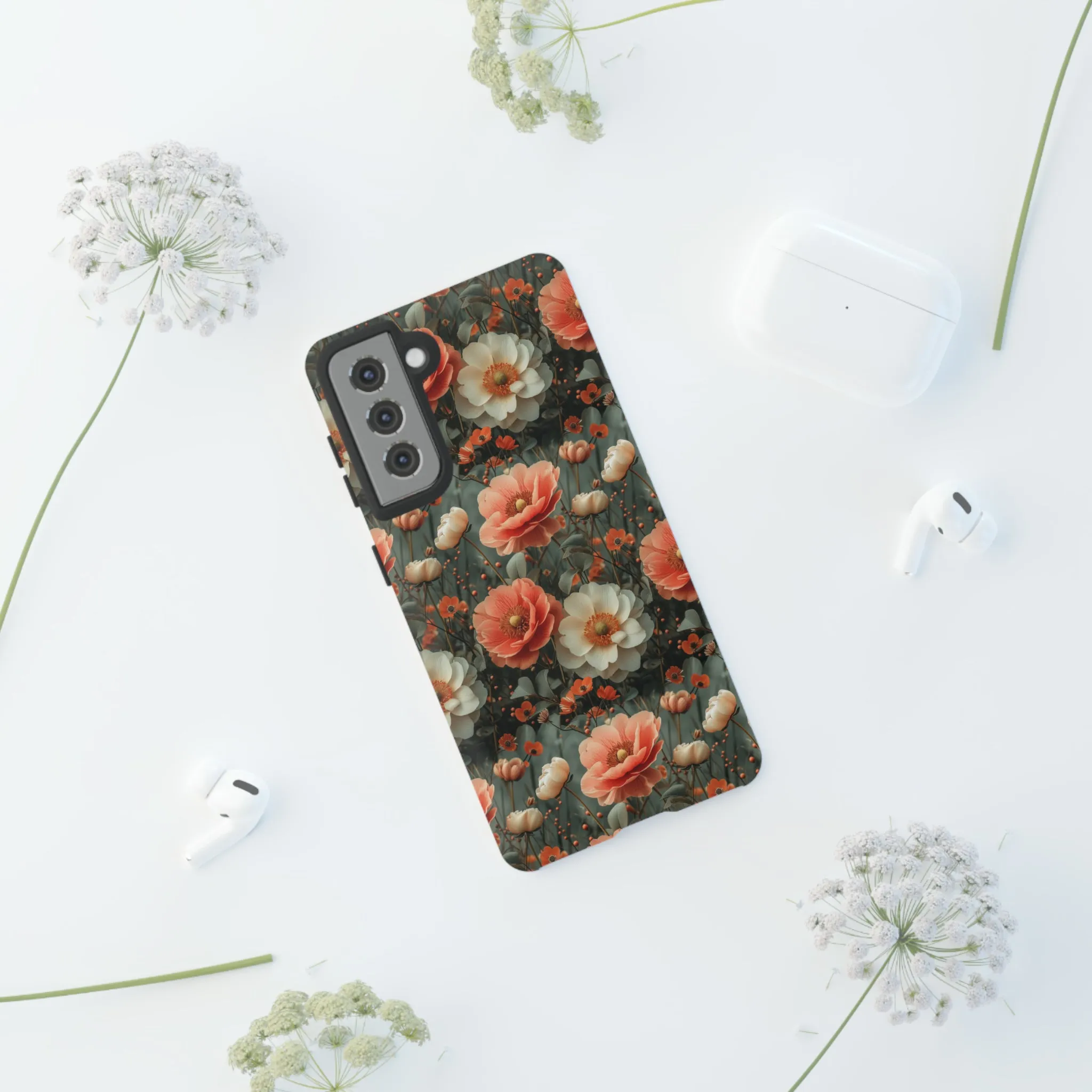 Elegant Peach Flowers Protective Cover, Botanical Garden print design Tough Phone Case compatible with a large variety of Samsung models