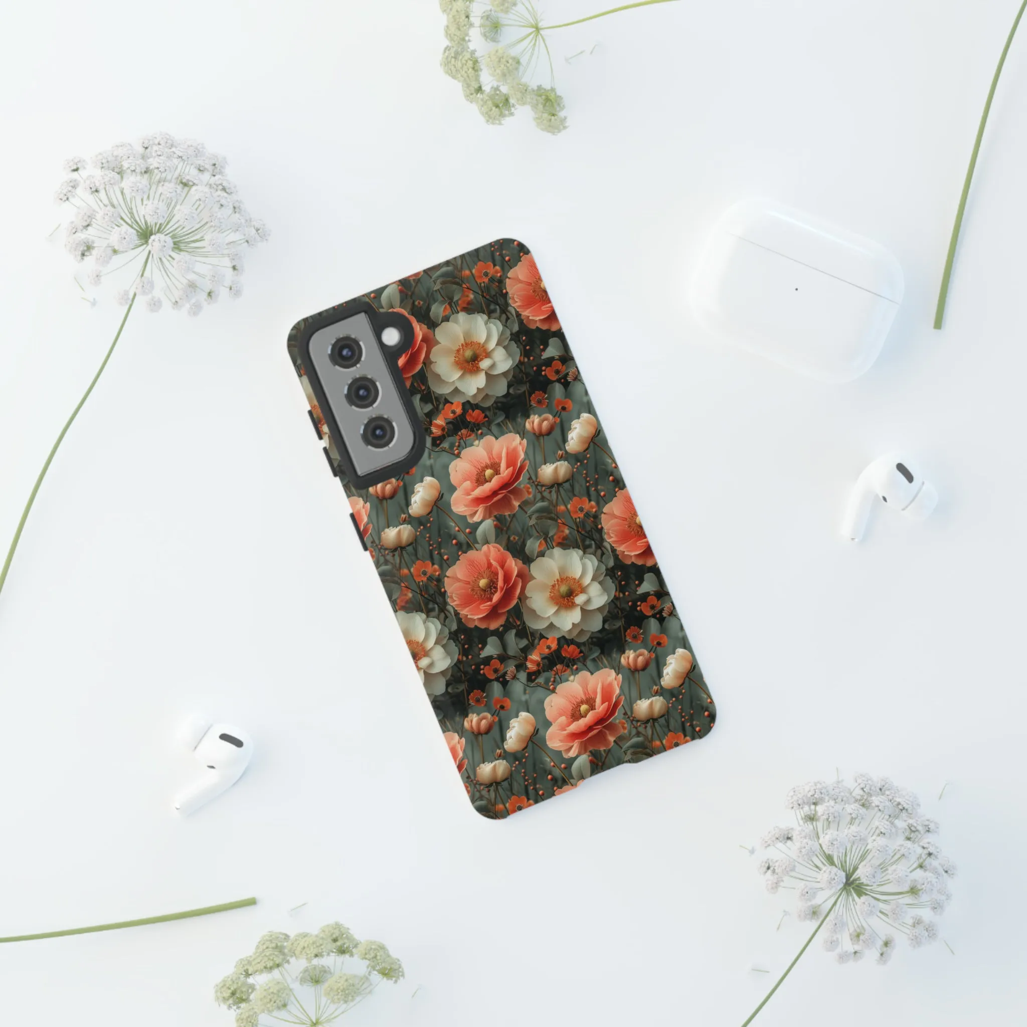 Elegant Peach Flowers Protective Cover, Botanical Garden print design Tough Phone Case compatible with a large variety of Samsung models