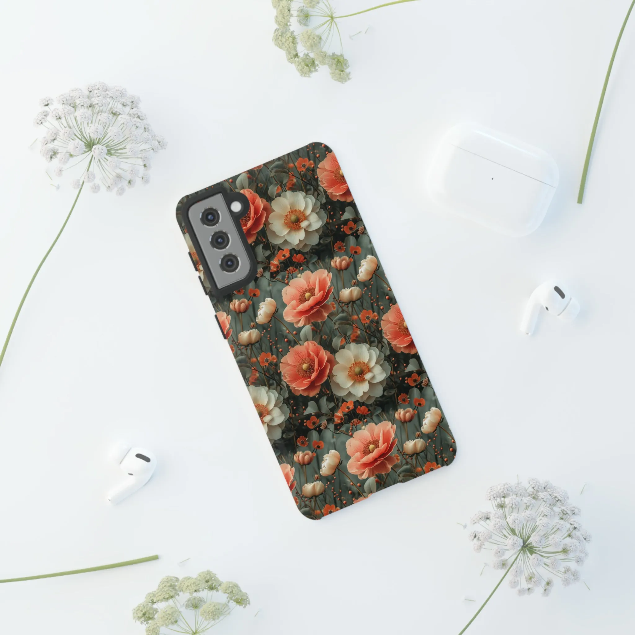 Elegant Peach Flowers Protective Cover, Botanical Garden print design Tough Phone Case compatible with a large variety of Samsung models