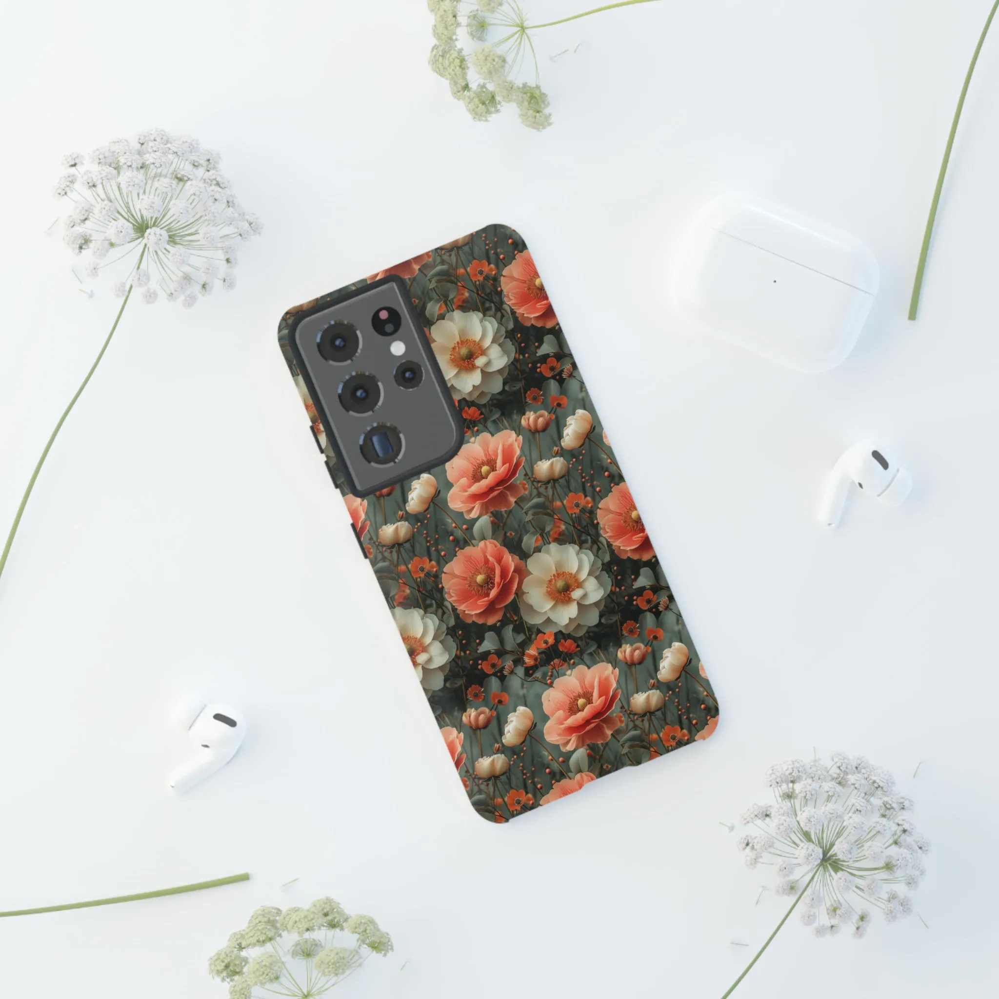 Elegant Peach Flowers Protective Cover, Botanical Garden print design Tough Phone Case compatible with a large variety of Samsung models