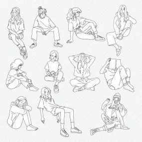 Flat Vector B&W Sitting People 2