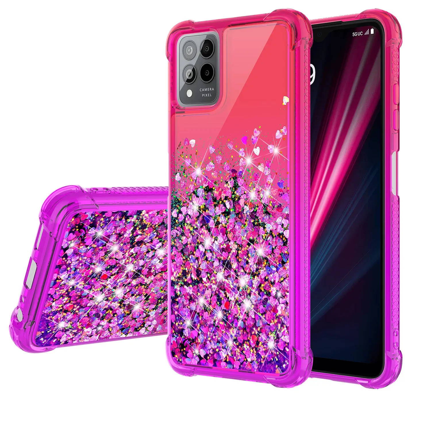 For T-Mobile REVVL 6 PRO 5G Case Liquid Glitter Phone Case Waterfall Floating Quicksand Bling Sparkle Cute Protective Girls Women Cover for T-Mobile REVVL 6 PRO 5G W/Temper Glass - (Hot Pink/Purple Gradient)