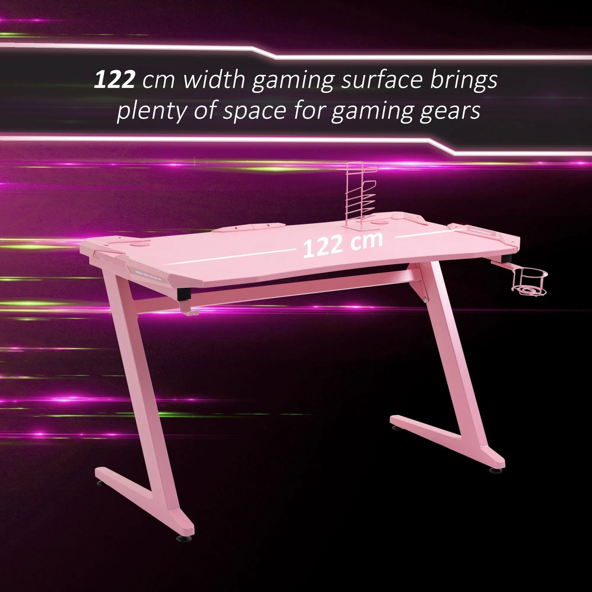 gaming Desk Computer Writing Table with Large Workstation for Home Office, 122 x 66 x 86cm, Pink Office