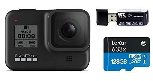 GoPro HERO8 Black — Waterproof Action Camera with Touch Screen 4K Ultra HD Video 12MP Photos 1080p Live Streaming Stabilization with Lexar 128GB U3 Memory Card and Ritz Gear Memory Card Reader