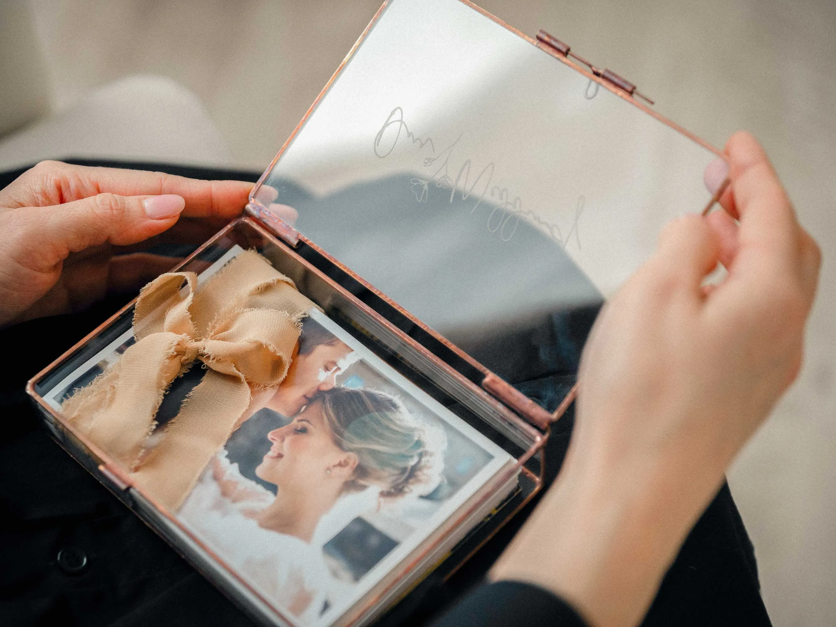 Handmade Rose Gold Glass Photo Box for Wedding Photographers