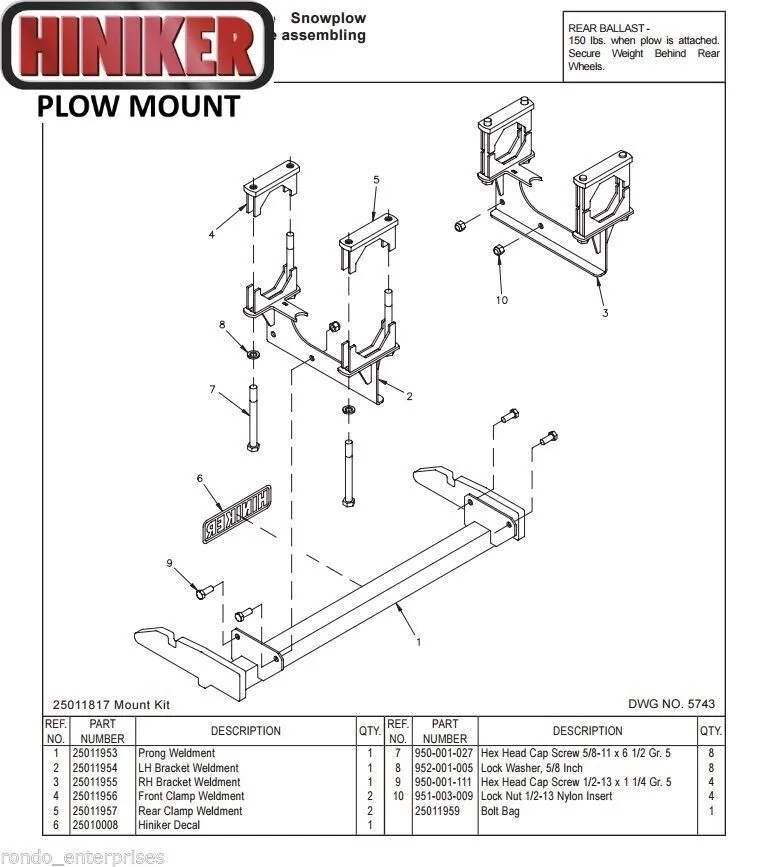 Hiniker Snowplow Mount - Quick Hitch 1 (QH1), 2005-2012 Dodge Dakota, 25011817